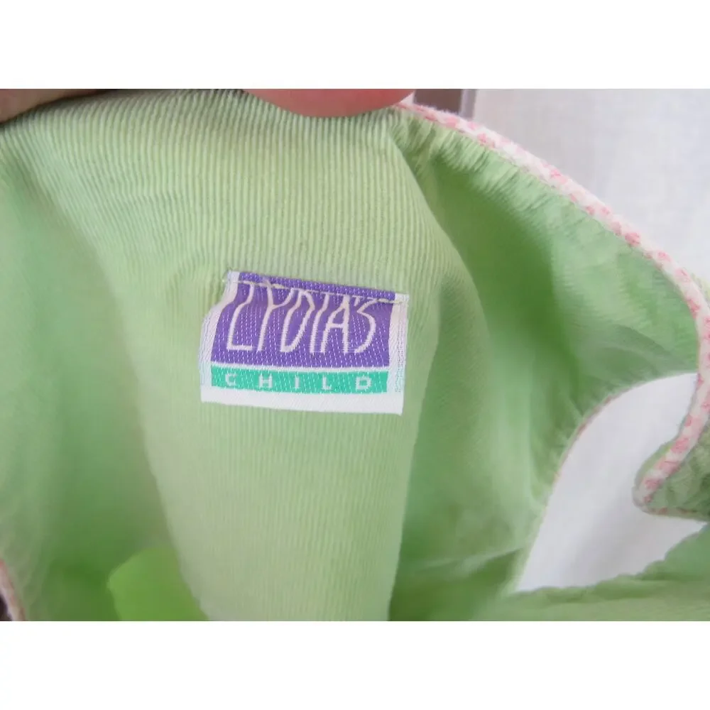 Lydia's Child Size 4 Green Corduroy Tank Overall Dress Pink Details Ruffles VTG